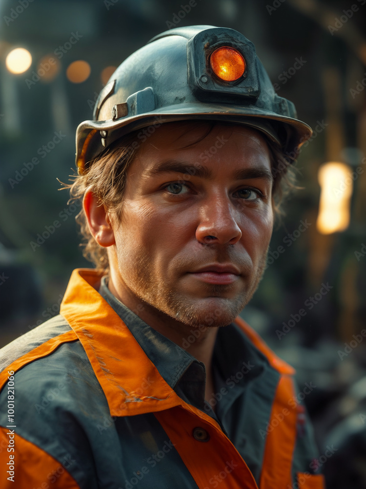 Portrait of a male miner in a protective helmet and gray-orange uniform in a coal mine or quarries extracting minerals. Mining industry Portrait of a male miner in a protective helmet and gray-orange uniform in a coal mine or quarries extracting minerals. Mining industry