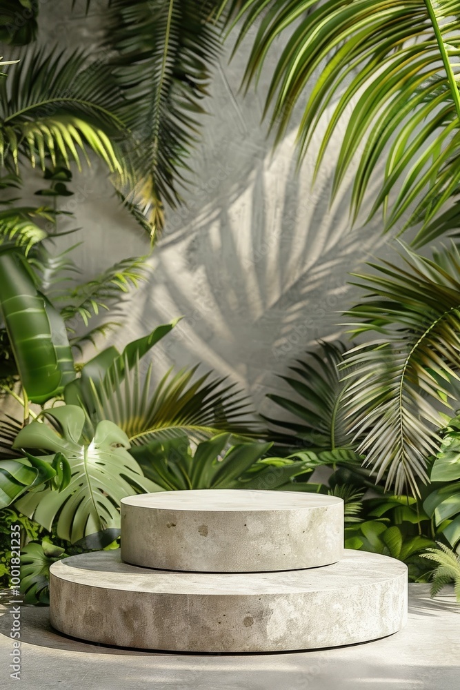 Fototapeta premium A serene indoor oasis with layered concrete, lush foliage, and soft afternoon light. Generative AI