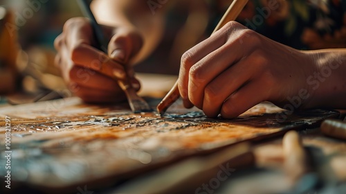 Close-up of hands carefully painting on a canvas, showcasing the detailed process of art creation. photo