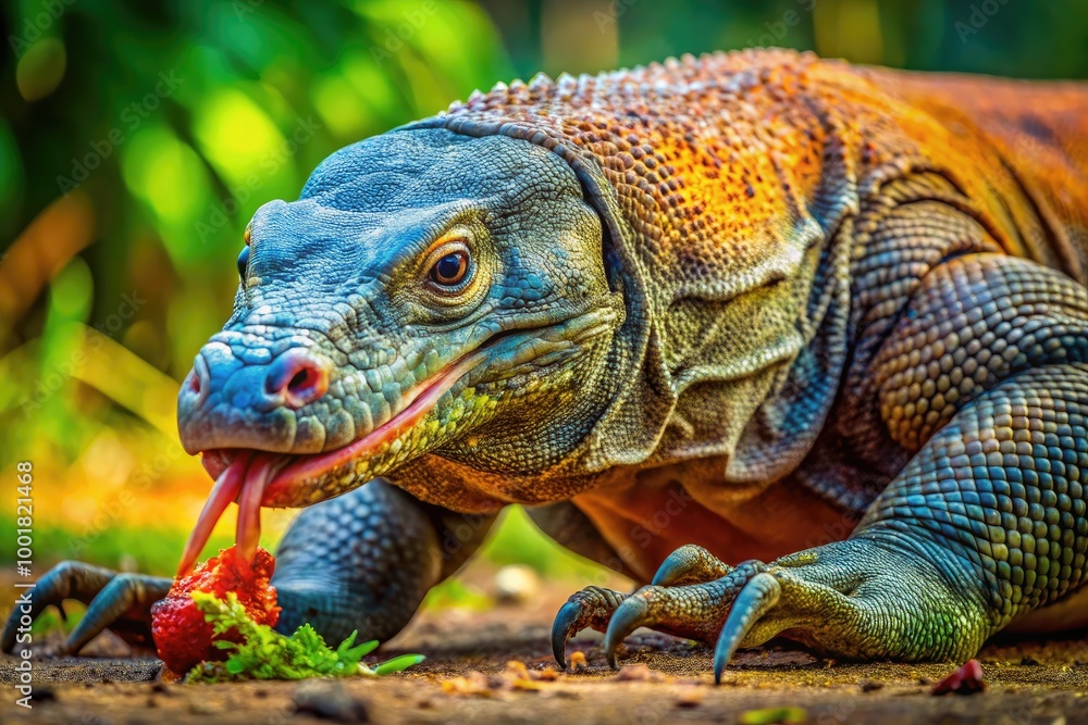 Komodo dragon feasting on prey in its natural habitat showcasing wild behavior and feeding habits Komodo dragon feasting on prey in its natural habitat showcasing wild behavior and feeding habits