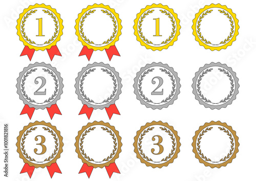 月桂樹の金銀銅のメダルのフレームイラストのセット_線画
