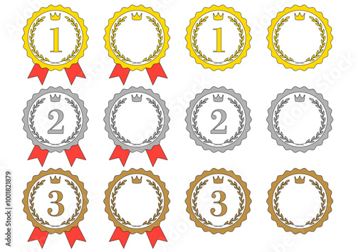 月桂樹と王冠の金銀銅のメダルのフレームイラストのセット_線画
