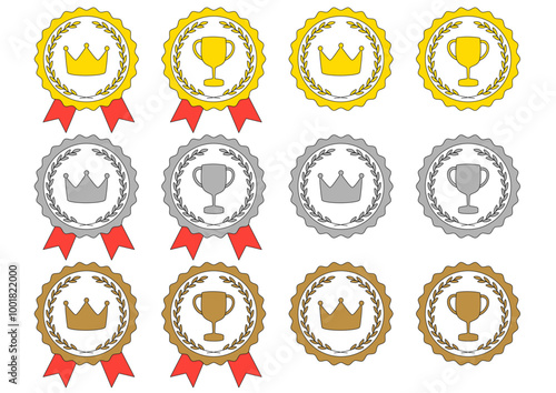 王冠とトロフィーの金銀銅のメダルのフレームイラストのセット_線画
