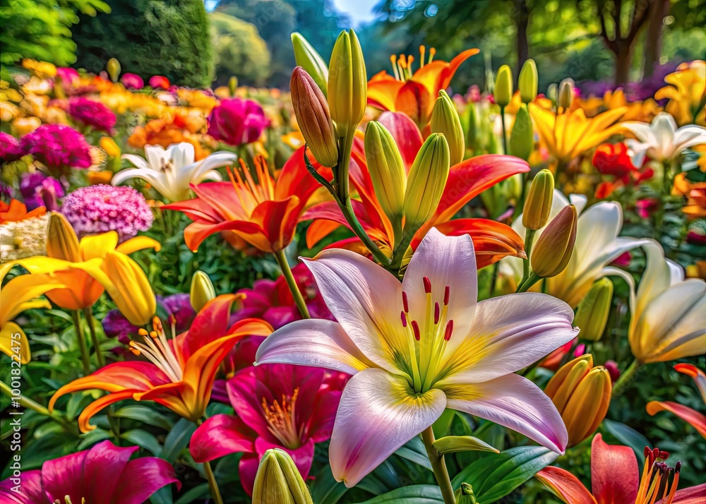 Lush and Vibrant Lily Garden in Full Bloom Showcasing Nature's Beauty and Colorful Petals Lush and Vibrant Lily Garden in Full Bloom Showcasing Nature's Beauty and Colorful Petals