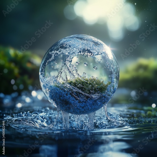 a national geographic award winning photo of botanical abstract water ball floating in the air, in a void background photo