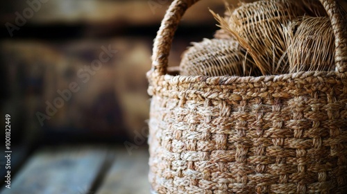 Close-up of a woven straw basket with dried plants in a rustic setting photo