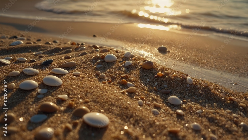 Panoramic beach scene at sunrise or sunset with scattered seashells Panoramic beach scene at sunrise or sunset with scattered seashells