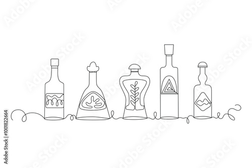 Bottles of different shapes in one continuous line, alcoholic drinks collection. Linear silhouette, hand drawn in minimalism. Vector editable outline