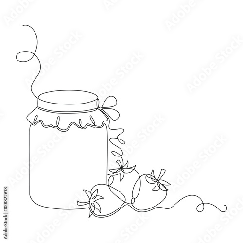 Jam jar and strawberry berry drawing with one continuous line. Linear silhouette, hand drawn in minimalism. Vector editable outline