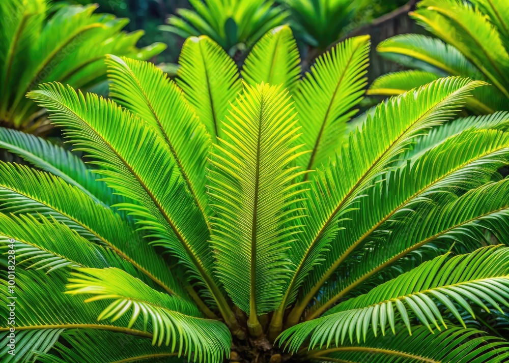 Lush Green Cycad Plant with Detailed Leaf Structure Against a Soft Focused Natural Background Lush Green Cycad Plant with Detailed Leaf Structure Against a Soft Focused Natural Background