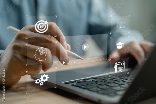 Online education technology concept, E-learning education, internet lessons and online webinar, AI-enhanced learning with personalized courses, study knowledge online.