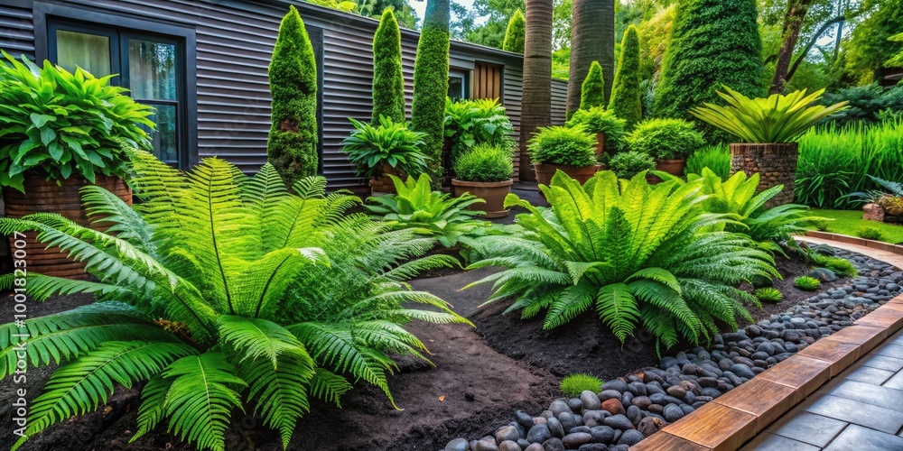 Lush Green Ferns Being Planted in a Garden Bed for a Natural and Vibrant Outdoor Landscape Lush Green Ferns Being Planted in a Garden Bed for a Natural and Vibrant Outdoor Landscape