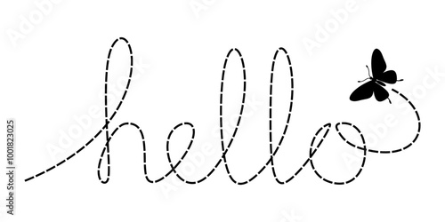 Handwriting outline of word HELLO with butterfly illustration for design element.