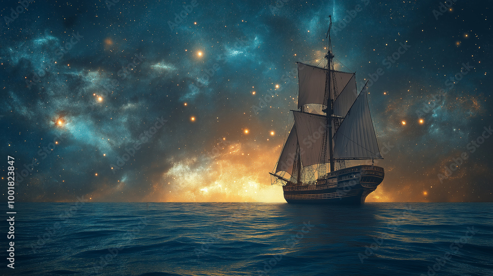 Obraz premium Columbus and the Stars, showcasing celestial navigation, with copy space, Columbus Day