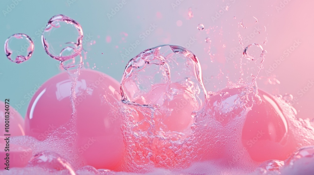Pink soap bubbles floating in pastel background Pink soap bubbles floating in pastel background