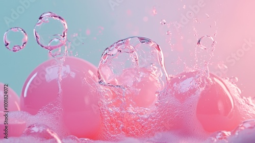 Pink soap bubbles floating in pastel background