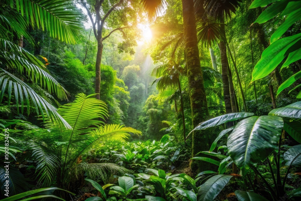 Lush Understory Layer of Rainforest with Vibrant Green Foliage and Dappled Sunlight Filtering Through Lush Understory Layer of Rainforest with Vibrant Green Foliage and Dappled Sunlight Filtering Through