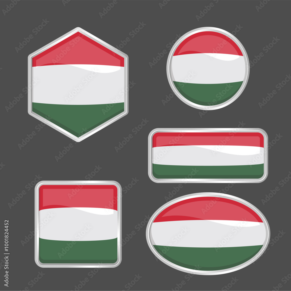 Set of Hungarian Flag Icons in Various Shapes. 3D Flat Vector Symbols, Emblems, and Icons Isolated on a Gray Background. Editable and Scalable EPS File for Graphic Design and Projects Set of Hungarian Flag Icons in Various Shapes. 3D Flat Vector Symbols, Emblems, and Icons Isolated on a Gray Background. Editable and Scalable EPS File for Graphic Design and Projects