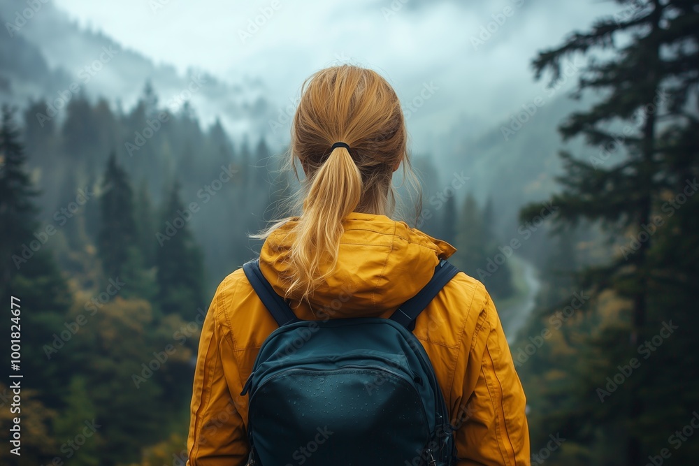 A woman with a backpack stands in a forest, looking out at the foggy mountains A woman with a backpack stands in a forest, looking out at the foggy mountains