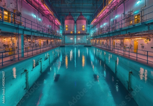 Industrial surrealism in a modern nuclear facility with glowing lights and pool photo