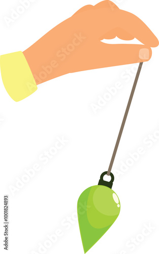 Hand is holding a green pendulum on a string, swinging it back and forth for dowsing and divination