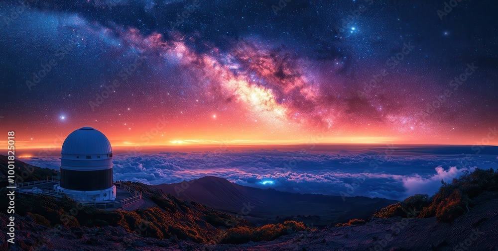 Starry night over mountain with an observatory and illuminated landscape Starry night over mountain with an observatory and illuminated landscape