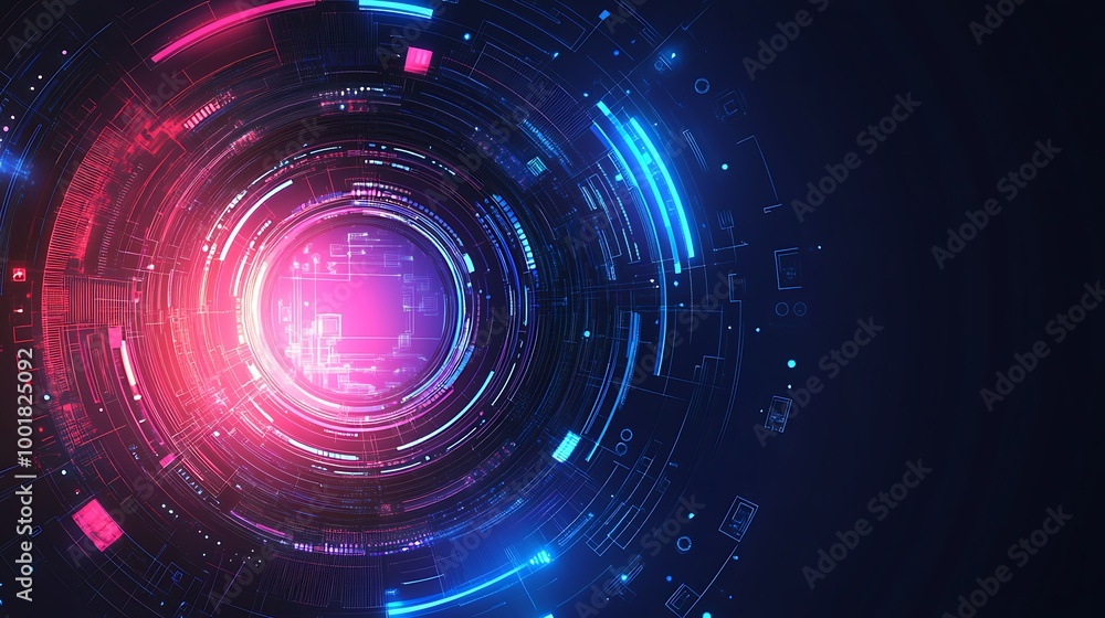 Fototapeta premium Abstract digital technology background with glowing circles and lines.