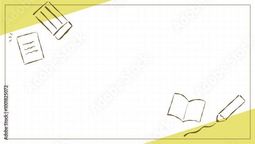黄色の手描きのゆるい文房具付き方眼紙背景枠
