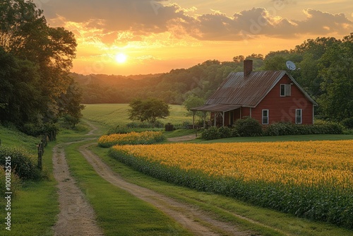 A red farmhouse sits on a hill overlooking a field of yellow wildflowers at sunset, with a winding dirt road leading to it.