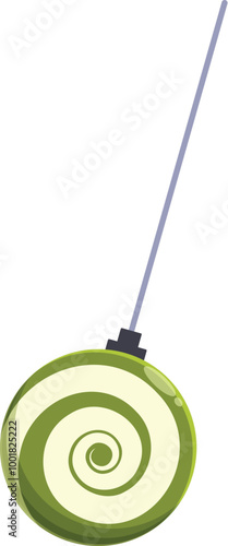 Green and white spiral hypnotizing tool hanging on a string