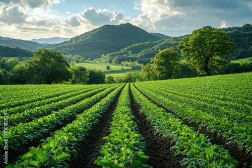 A picturesque landscape with lush green rows of crops growing in a field, framed by rolling hills under a blue sky with fluffy white clouds.