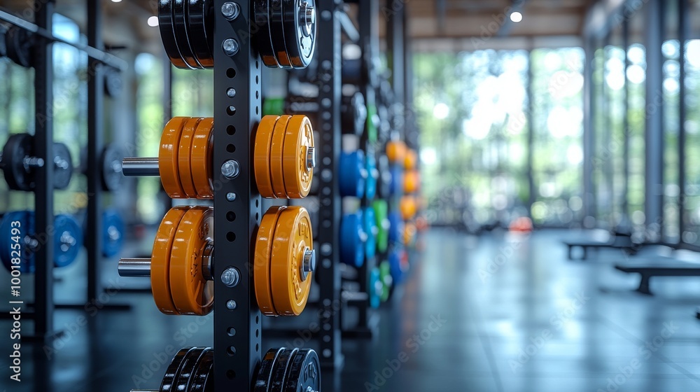 Obraz premium Organized weight racks in a luxury condo fitness center. The sleek, modern design is accentuated by the sunlight, giving the equipment a clean and simple look. It is a great workout.