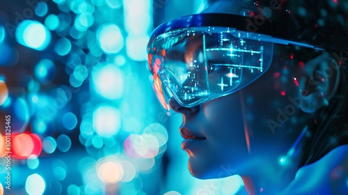 Wallpaper Mural A young woman wears futuristic glasses with blue digital overlays. Her face is illuminated by neon lights, creating a cyberpunk aesthetic. Torontodigital.ca