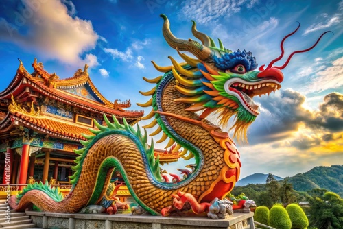 Wallpaper Mural Majestic Chiwen Dragon Sculpture Adorning Traditional Architecture in a Serene Landscape Setting Torontodigital.ca