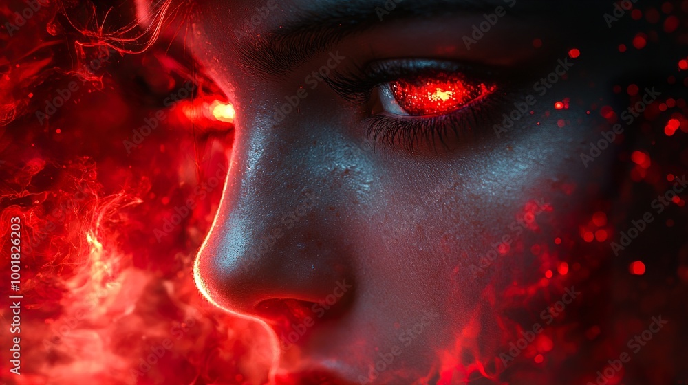 Intense Gaze: Woman with Glowing Red Eyes in Smoke and Fire Intense Gaze: Woman with Glowing Red Eyes in Smoke and Fire