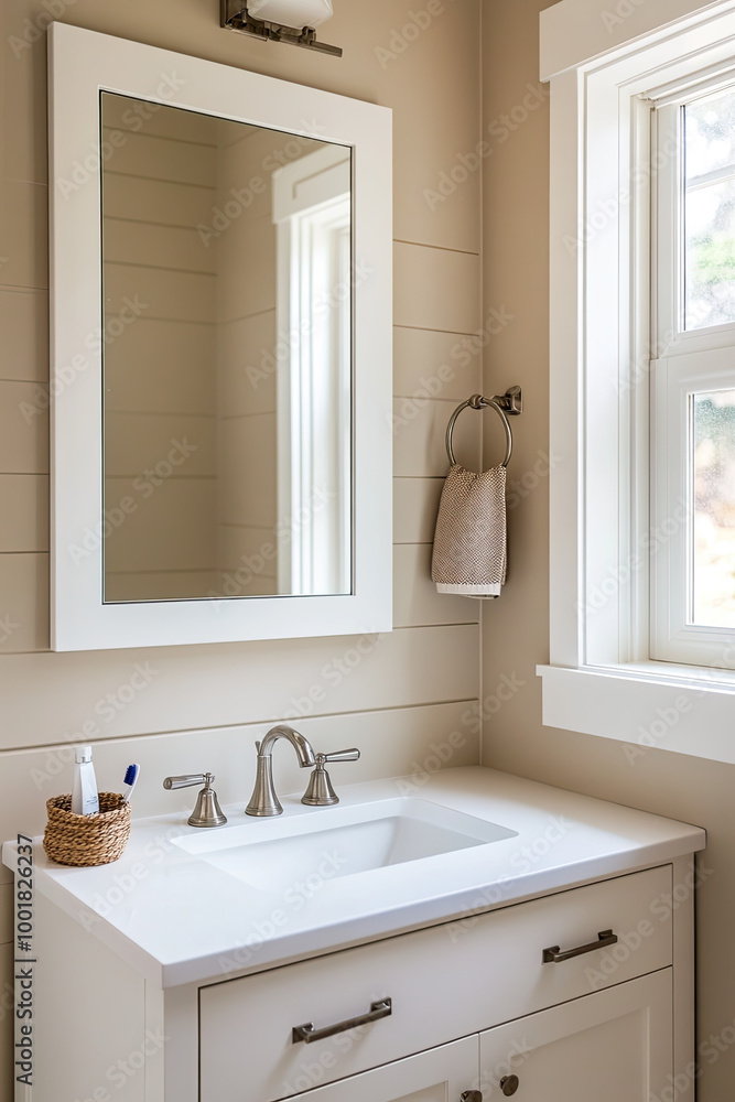 Fototapeta premium A small bathroom featuring an off-white vanity with a white marble countertop, adorned by a wall-hanging mirror and natural light streaming through the window.The walls feature a beige shiplap texture