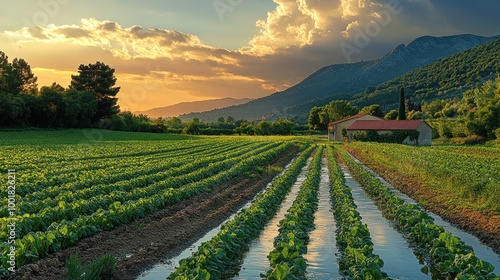 A picturesque sunset over a field of crops in a rural area.