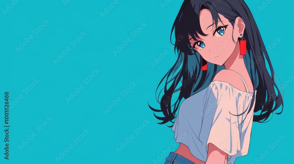 an attractive woman with long black hair and red earrings, dressed in jeans and a white shirt adorned with blue stripes an attractive woman with long black hair and red earrings, dressed in jeans and a white shirt adorned with blue stripes