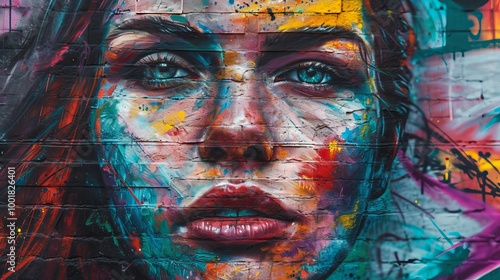 A close-up of a colorful street art mural depicting a woman's face with striking blue eyes.