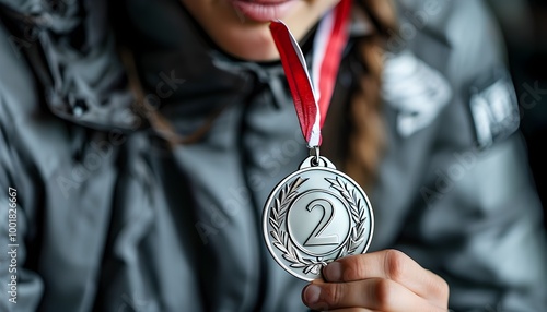 Shimmering Close-Up of Silver Medal for Second Place Achievement photo