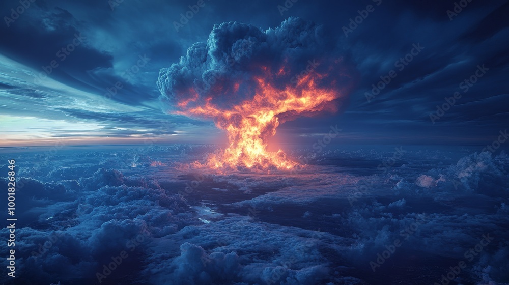 A large explosion is seen in the sky with a bright orange flame A large explosion is seen in the sky with a bright orange flame