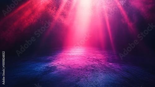 A dark room with a blue and red background