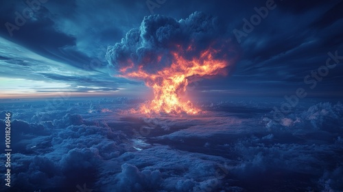 A large explosion is seen in the sky with a bright orange flame