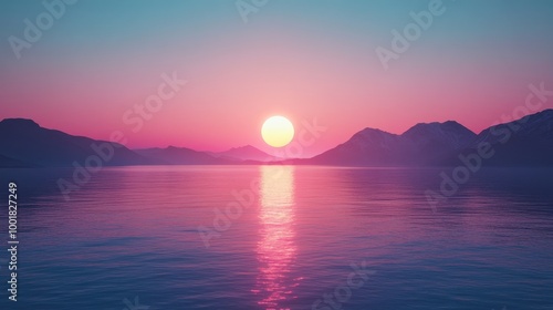 A beautiful sunset over a calm body of water with mountains in the background