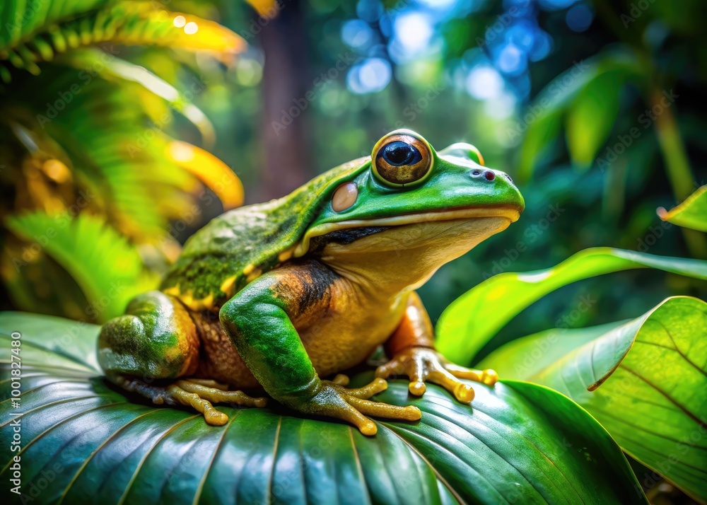 Majestic Goliath Frog Resting on Leaf Surrounded by Lush Greenery in Tropical Rainforest Habitat Majestic Goliath Frog Resting on Leaf Surrounded by Lush Greenery in Tropical Rainforest Habitat