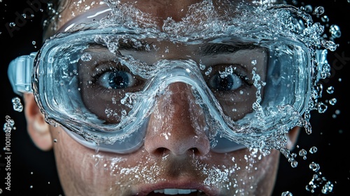 Close-up of man wearing goggles with water splashing over face, focused and intense expression in aquatic sport