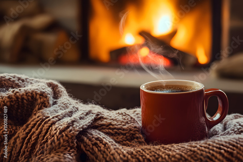 Mug with hot cocoa drink in front of fireplace in a cozy living room