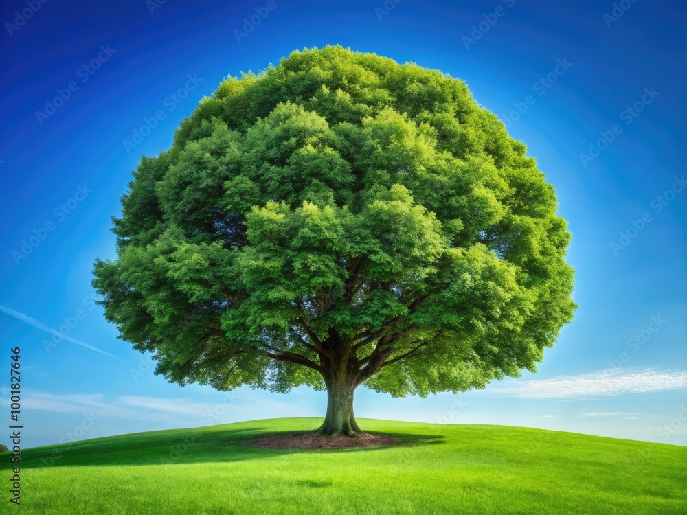 Majestic Green Tree Standing Tall on a Lush Lawn Under Clear Blue Sky in a Serene Outdoor Setting Majestic Green Tree Standing Tall on a Lush Lawn Under Clear Blue Sky in a Serene Outdoor Setting