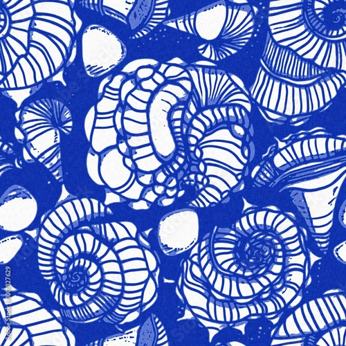 Azure blue white shell motif with linen seamless batik background, Modern coastal beach cottage rustic shell block print home decor pattern design in sealife beach style.