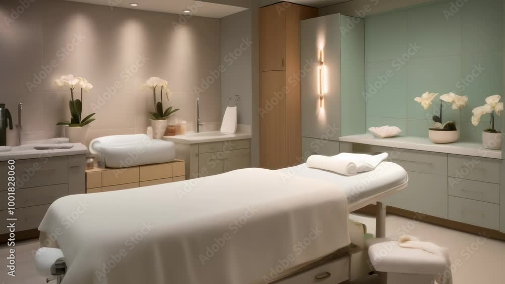 Step into a serene spa room with a massage table and sink, decorated with orchids for wellness and relaxation. Elegantly designed with white towels, perfect for tranquility and self care Step into a serene spa room with a massage table and sink, decorated with orchids for wellness and relaxation. Elegantly designed with white towels, perfect for tranquility and self care